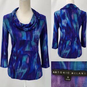 Antonio Melani Womens Small Blue Purple Sky Watercolors Cowl Neck 3/4 Sleeve Top